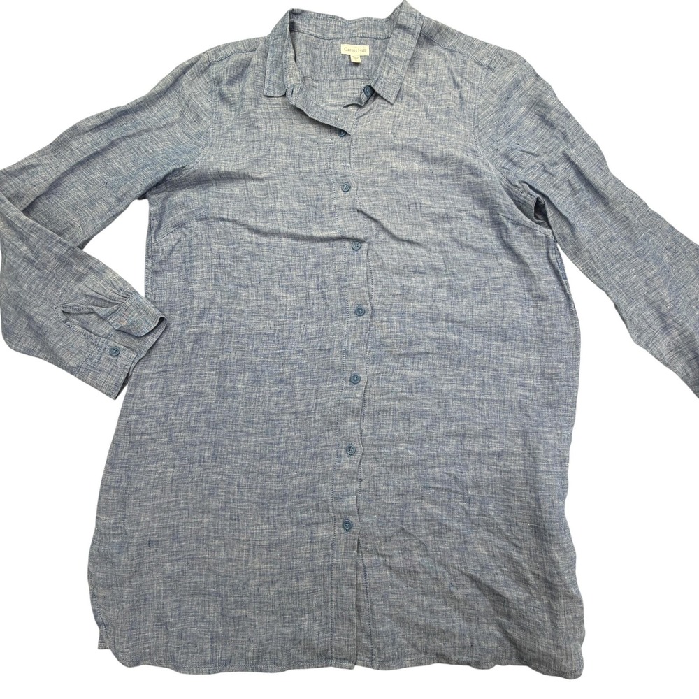 Garnet Hill Shirt Womens L Blue Linen Tunic Button-Up Lightweight Long Length